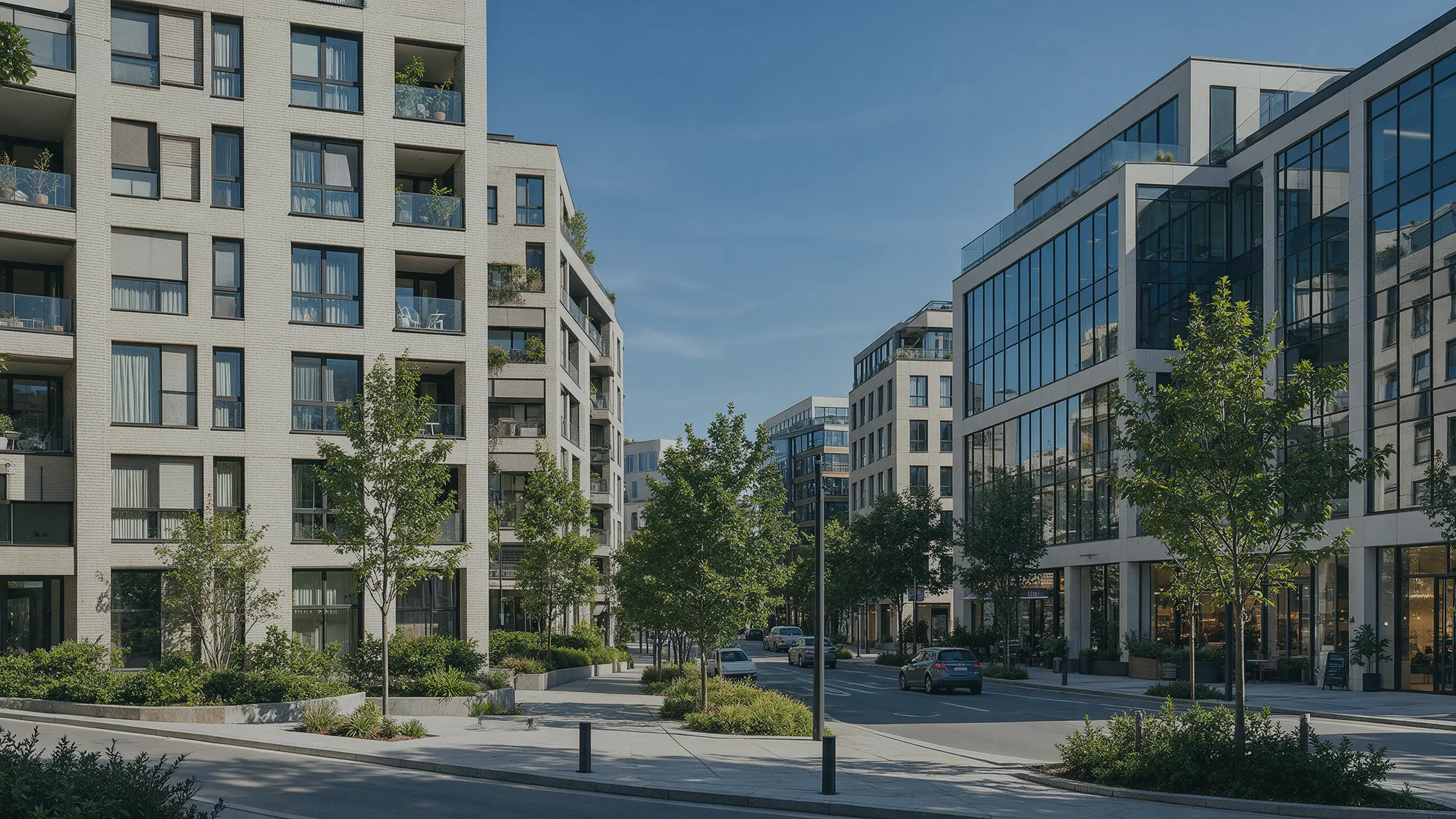 Modern apartment and office buildings along a tree-lined city street