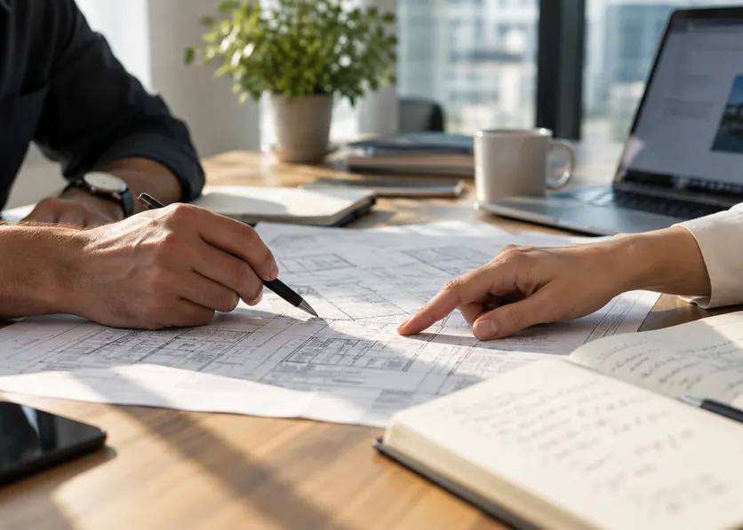 Two people reviewing building plans at a desk