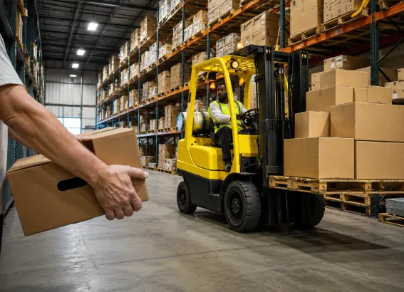 A forklift carrying a pallet of boxes through a warehouse aisle, while a person in the foreground holds a cardboard box